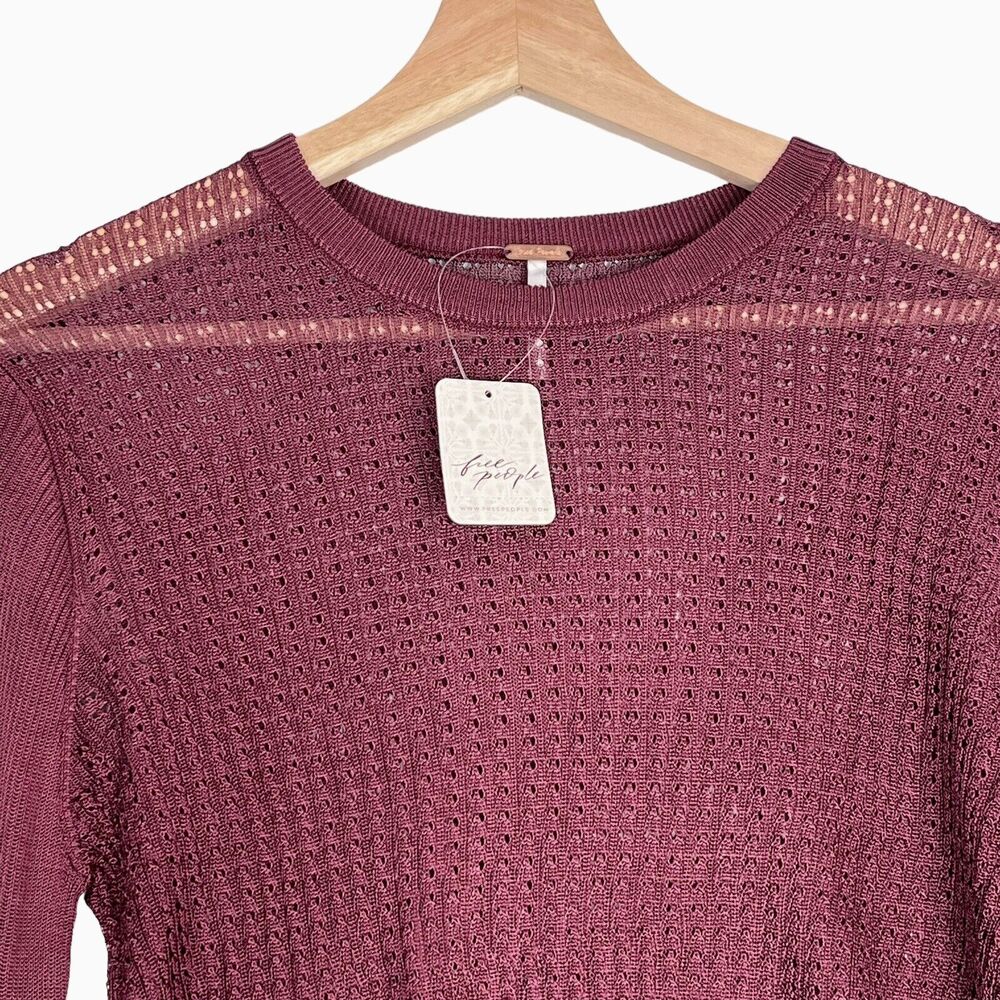 Free People H20 Crew Pullover Top Raw Garnet Sz M Ribbed Mesh Cropped Stretch - Picture 3 of 8